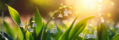 Beautiful white and fragrant lily of the valley flowers (convallaria majalis) blooming in spring garden with sun shining