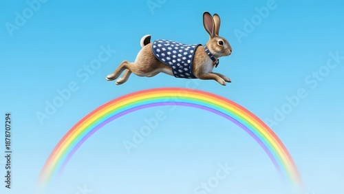 Cute rabbit in blue dress jumping over colorful rainbow