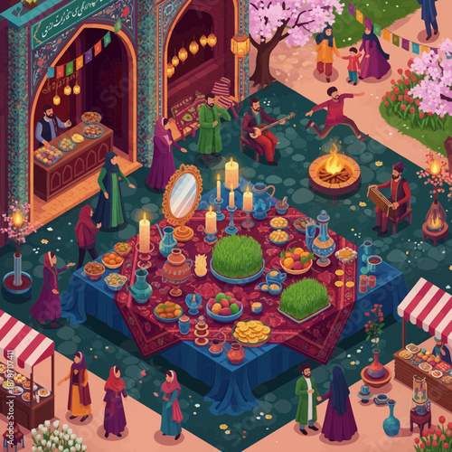 Illustration of a Vibrant Middle Eastern Marketplace with Food and Festivities