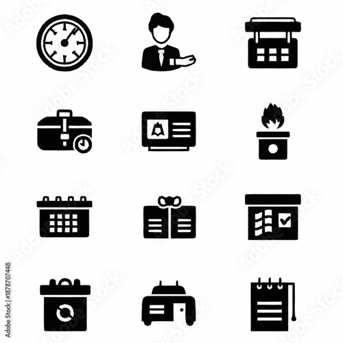 Collection of business and office related icons in a solid black style.
