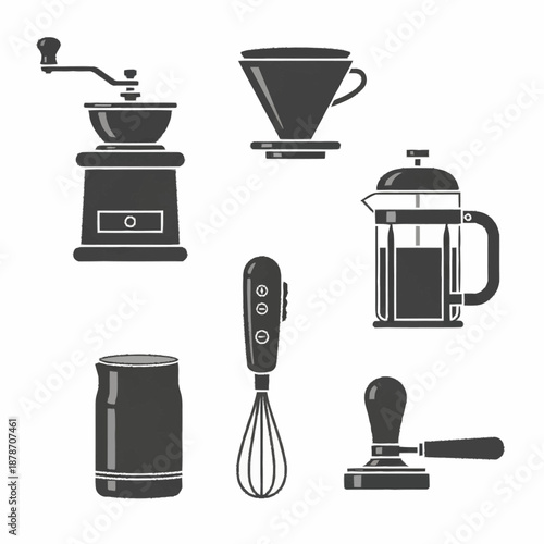 Collection of coffee making equipment and accessories for brewing and preparing beverages.
