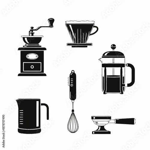 Collection of coffee making equipment and kitchen utensils.