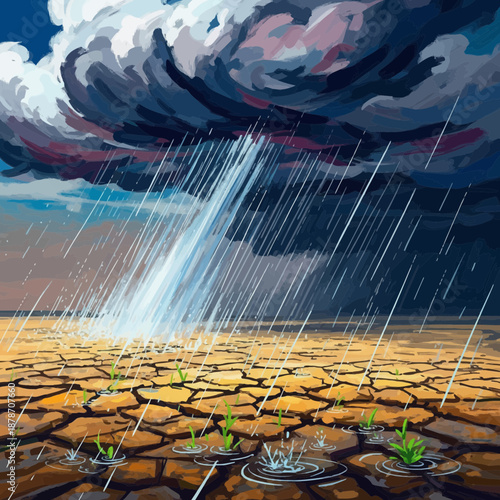 Reviving Earth: Rain Falling on Cracked Dry Soil with New Growth
