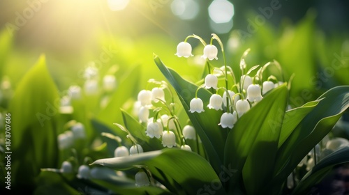 Beautiful white and fragrant lily of the valley flowers (convallaria majalis) blooming in spring garden with sun shining