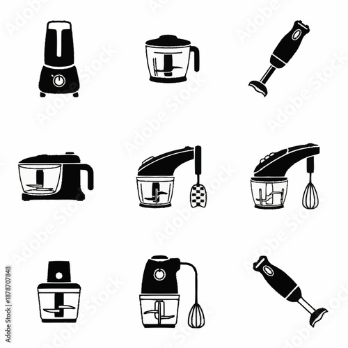 Collection of various kitchen blenders and food processors in black and white silhouette icons.
