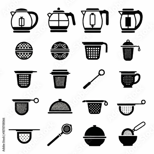 Collection of various tea infusers and teapots in black and white silhouette.