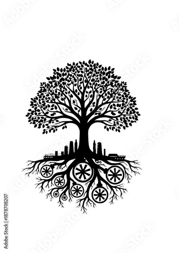 Direct Air Capture Carbon Tree Silhouette, Geoengineering and Climate Change Solution Concept, Sustainable Negative Emissions Technology Vector