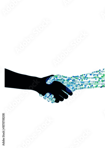 Human and AI Handshake Silhouette, Artificial Intelligence Partnership and Digital Transformation Concept, Future Technology Collaboration Vector