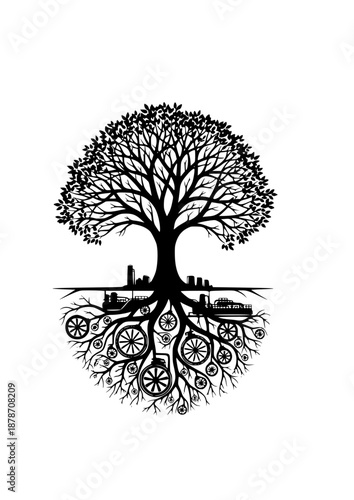 Direct Air Capture Carbon Tree Silhouette, Geoengineering and Climate Change Solution Concept, Sustainable Negative Emissions Technology Vector