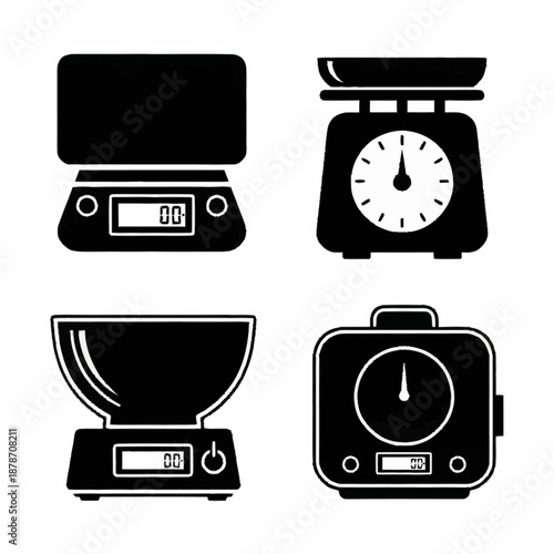 Set of four kitchen scales, two digital and two analog, for precise measurement.