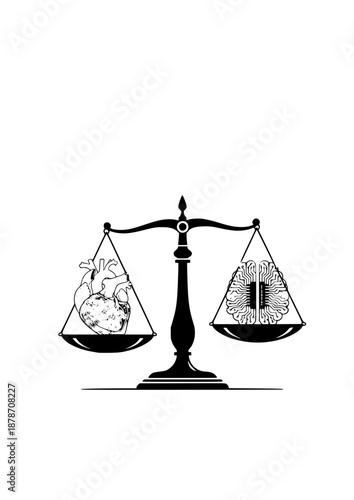 AI Ethics and Justice Silhouette, Balancing Human Heart and Digital Intelligence, Artificial Intelligence Regulation and Moral Philosophy Vector Art