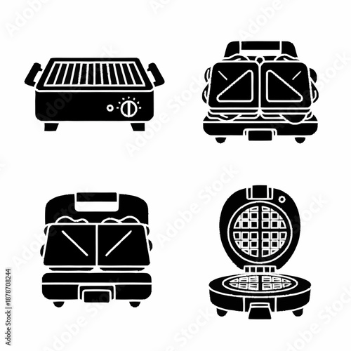 Set of four kitchen appliances including a grill, two sandwich makers, and a waffle iron.
