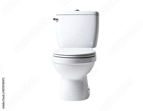 Toilet with modern ceramic tank and bowl, white glossy finish, standard height