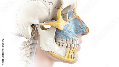 This anatomical rendering showcases the intricate structures of the human head, including the temporomandibular joint and masticatory muscles.