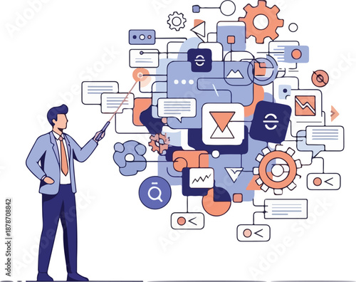 Wallpaper Mural Businessman Explains Complex Data Flow System Torontodigital.ca