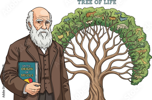Charles Darwin holds book beside Tree of Life illustration