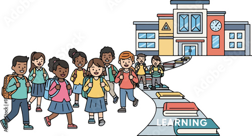 Diverse students walk towards school building on a path of books symbolizing learning