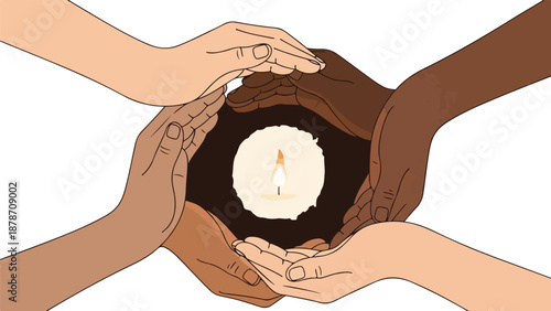 Diverse hands encircle a glowing candle symbolizing unity and hope together