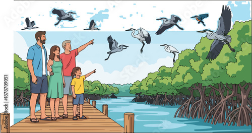 Family observes various birds flying over a mangrove forest from a wooden pier