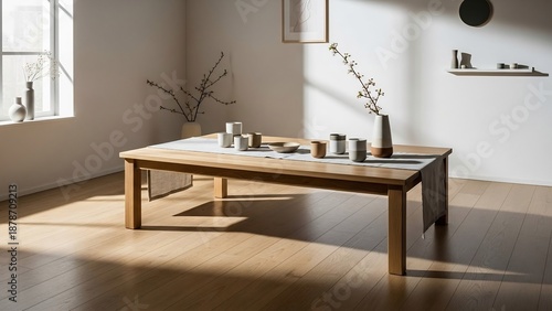 Elegant Wooden Table in a Bright Room with Natural Light and Decorative Elements.