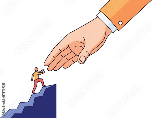 Giant hand helps a small person climb up a staircase to success and growth