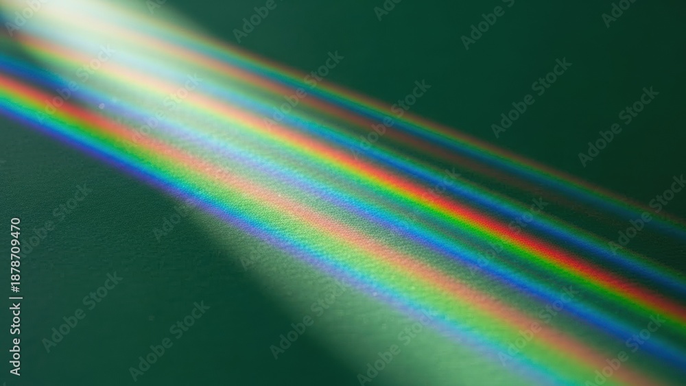 Fototapeta premium Colorful rainbow spectrum on a dark green surface. Light refraction background for a vibrant and abstract design. St Patrick background.