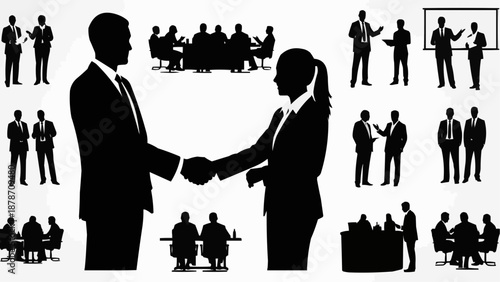 A collection of silhouettes depicting business professionals collaborating negotiating deals and participating in meetings high quality professional