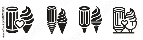 Soft Serve Ice Cream and Trash Can Icon with Heart Symbol for Food Waste Management and Dairy Shop Branding