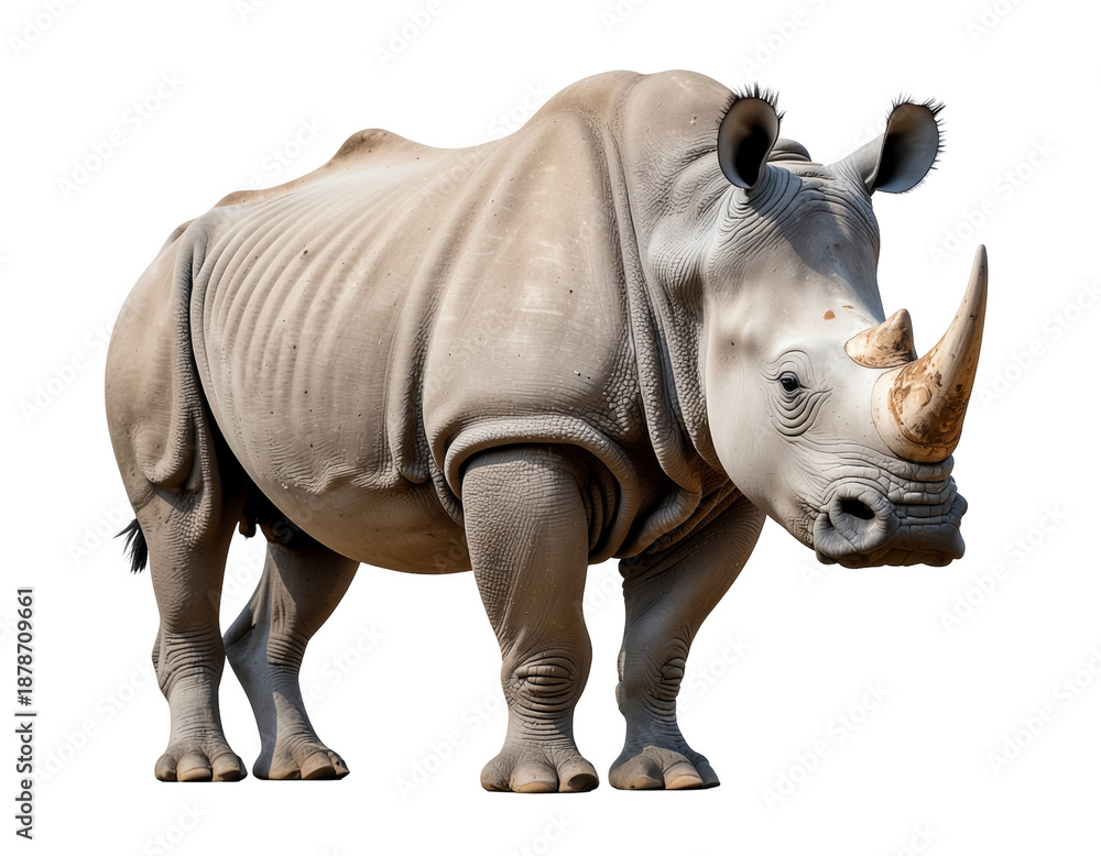 Fototapeta premium Rhino with rugged textured gray skin and prominent ivory horn standing on sturdy legs