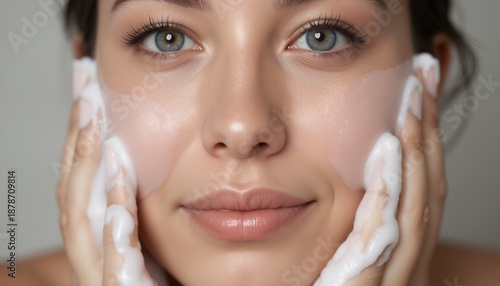 A close-up shot of a woman's washing her face with foam cleanser