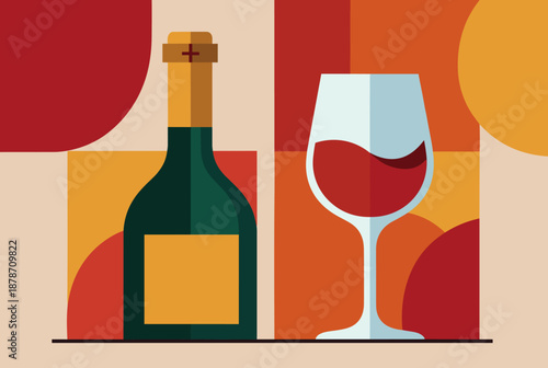 Stylized illustration of a green wine bottle and a glass of red wine against a warm geometric background.
