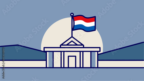A minimalist vector illustration of a government building with a red, white, and blue flag flying on its roof, set against a backdrop of hills and a large circular sun.