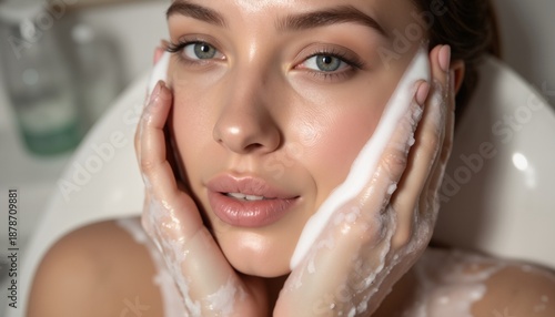A close-up shot of a woman's washing her face with foam cleanser