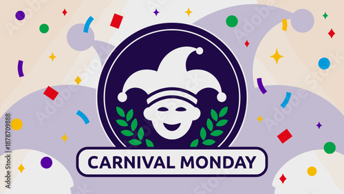 A festive illustration for Carnival Monday featuring a jester's face, hat, and confetti on a purple background, celebrating the holiday.