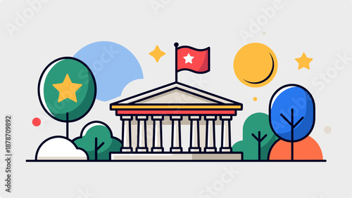 A colorful flat design illustration of a government building with a flag, surrounded by trees and abstract elements, representing civic institutions.