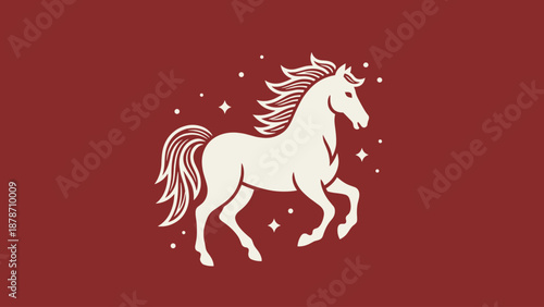 Elegant white horse illustration with flowing mane and tail, surrounded by subtle stars on a deep red background.
