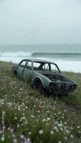 An old rusted car is parked in a field of flowers near the ocean.