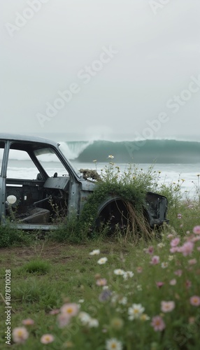 An old rusted car is parked in a field of flowers near the ocean.