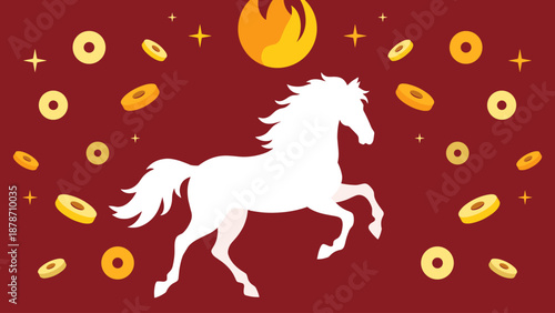 A white horse silhouette rearing up on a red background with golden coins and a sun symbol, representing prosperity and the Chinese zodiac.