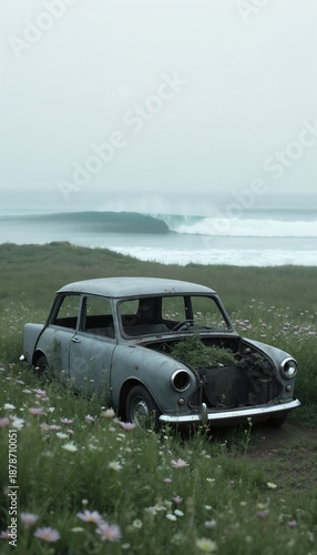An old rusted car is parked in a field of flowers near the ocean.