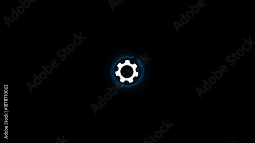 White Gear Icon with Blue Glowing Ring on Black Background cogwheel settings