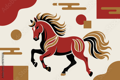 Stylized red horse with golden mane and tail in a dynamic pose, set against an abstract background with traditional Asian motifs.