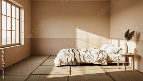 Minimalist Bedroom Interior with Natural Light and Tatami Flooring.