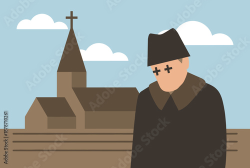 A flat illustration of a deceased or zombie-like man in dark clothes standing in front of a church with a cross on its steeple.