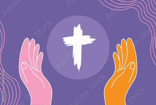 Two hands, one pink and one orange, reaching towards a white brushstroke cross within a purple circle, symbolizing faith and spirituality.