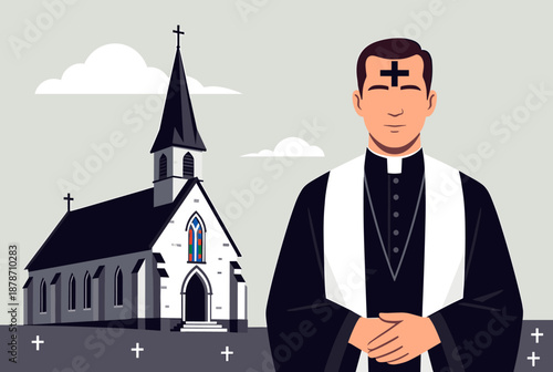 A priest with an ash cross on his forehead stands beside a traditional church building, symbolizing religious observance and faith.