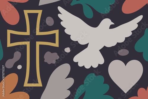 Abstract religious illustration featuring a golden cross, white dove, and heart on a dark background with colorful shapes.