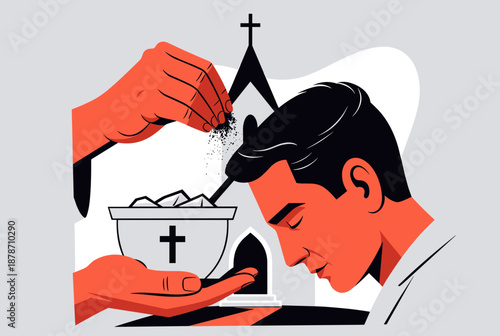 A man receiving ashes on his forehead from a hand, symbolizing Ash Wednesday, with a church silhouette and a bowl with a cross.