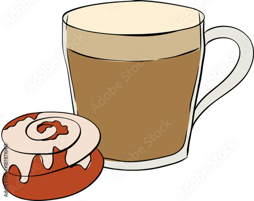 Vector sketchy illustration of takeaway disposable Coffee paper cup with glazed Cinnamon Roll composition hand drawn illustration. Vector graphic line ink colored art.