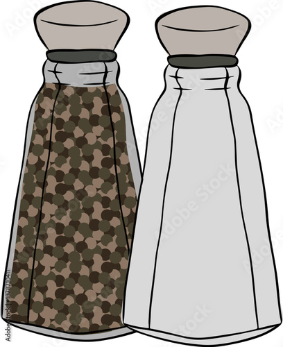 jar for salt or pepper. salt shaker and pepper shaker doodle hand drawn icon. jar for salt or pepper line clipart symbol. composition hand drawn illustration. Vector graphic line ink colored art.